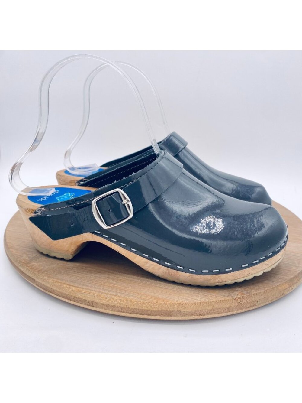Cape Clogs Shoes Womens 5.5 Gray Patent Leather Swedish Wooden Mules Cottage